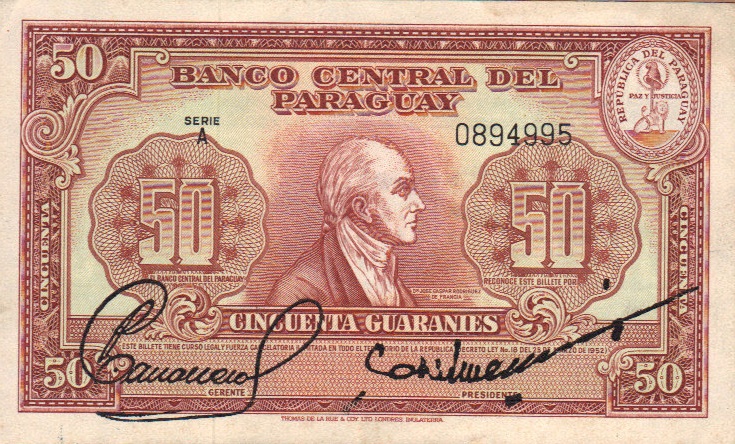 Front of Paraguay p188a: 50 Guaranies from 1952