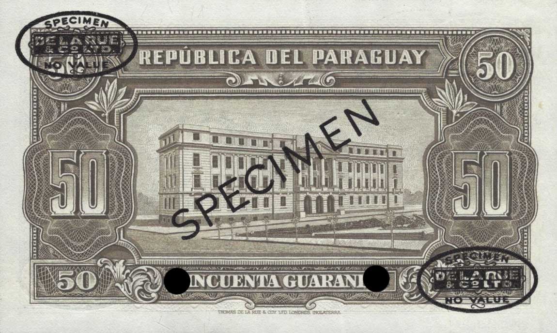 Back of Paraguay p188s: 50 Guaranies from 1952