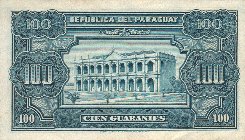 Back of Paraguay p189a: 100 Guaranies from 1952