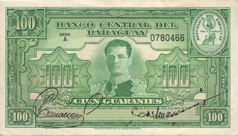 Front of Paraguay p189a: 100 Guaranies from 1952