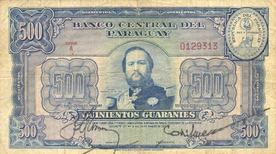 Front of Paraguay p190a: 500 Guaranies from 1952