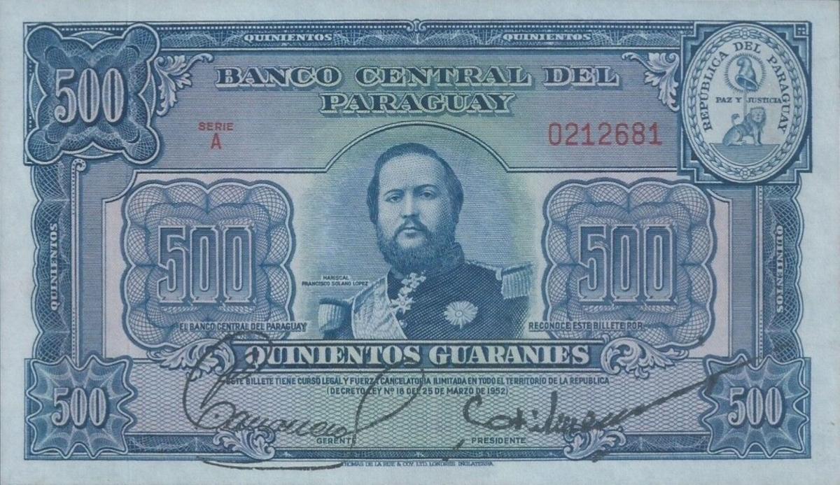 Front of Paraguay p190b: 500 Guaranies from 1952