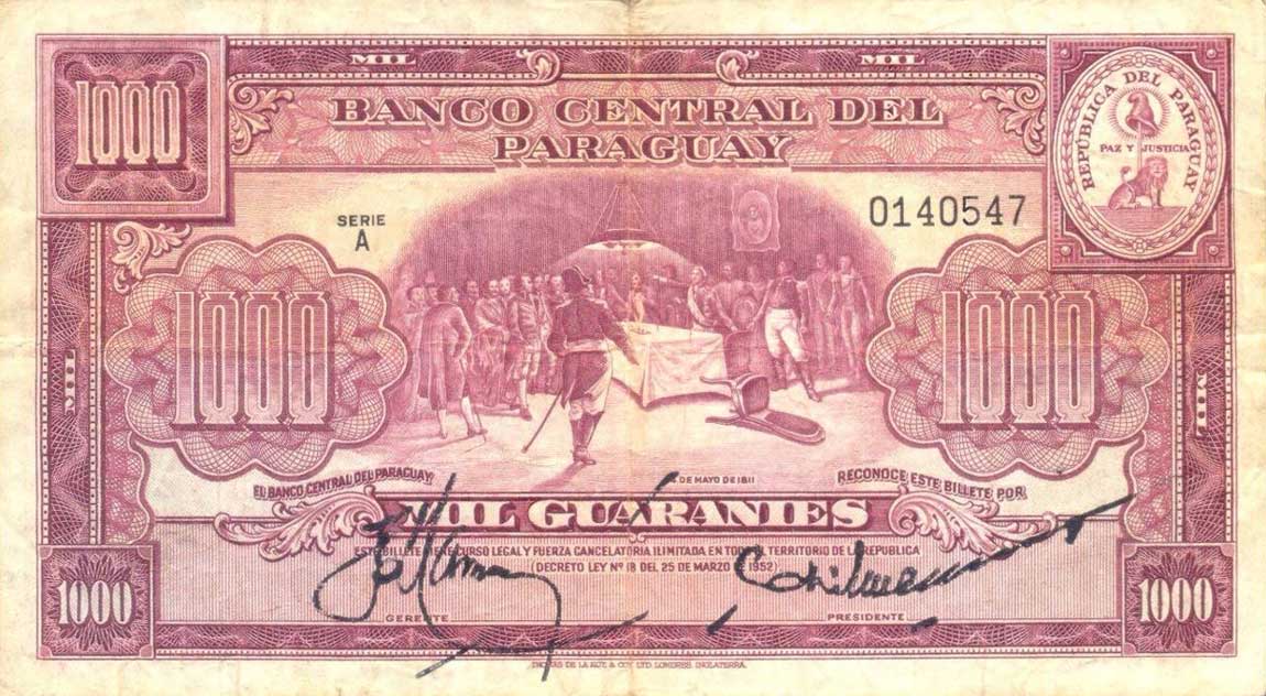 Front of Paraguay p191a: 1000 Guarani from 1952