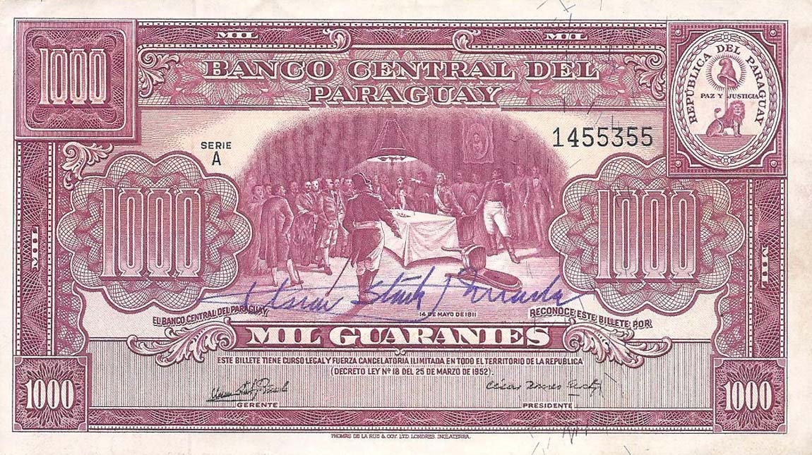 Front of Paraguay p191b: 1000 Guarani from 1952