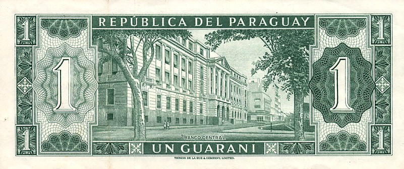 Back of Paraguay p192: 1 Guarani from 1952
