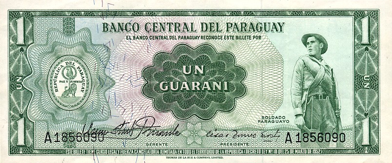Front of Paraguay p192: 1 Guarani from 1952
