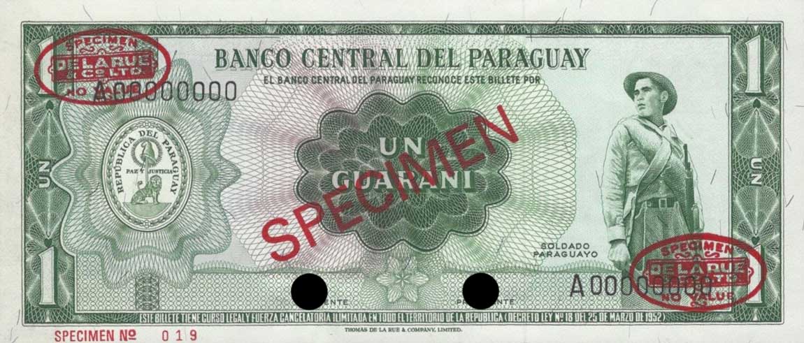 Front of Paraguay p193s: 1 Guarani from 1952