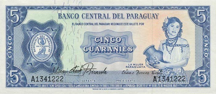 Front of Paraguay p194a: 5 Guarani from 1952