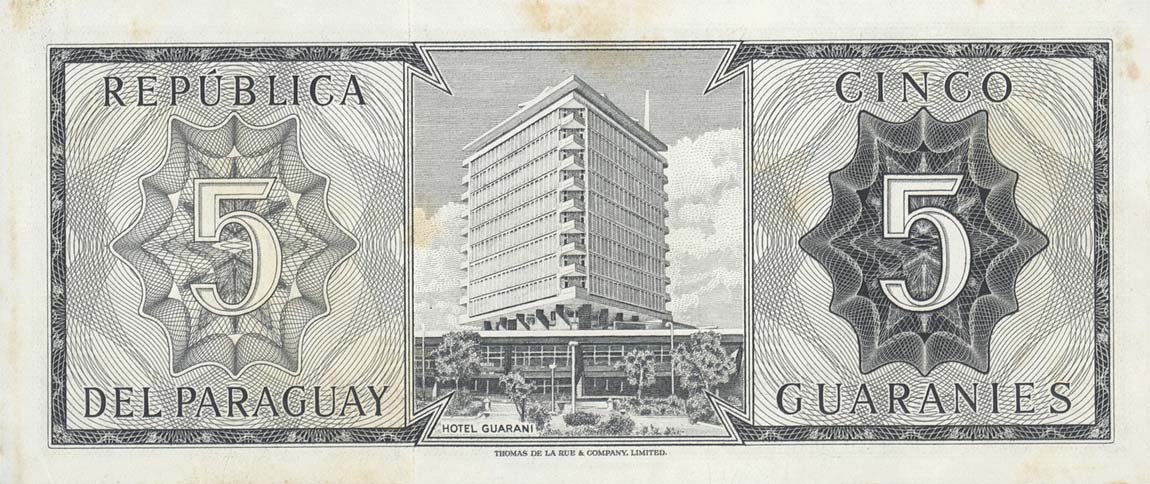 Back of Paraguay p195a: 5 Guarani from 1952