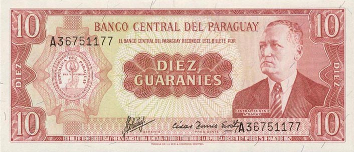 Front of Paraguay p196b: 10 Guarani from 1952