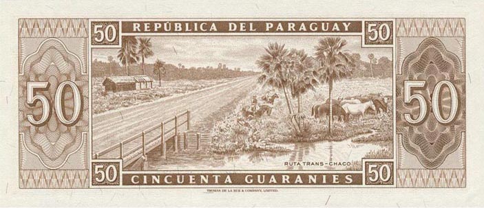 Back of Paraguay p197b: 50 Guarani from 1952