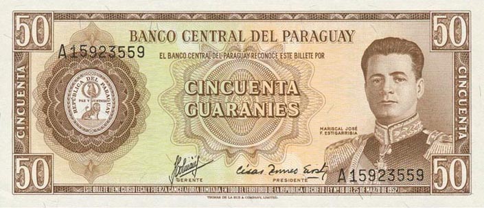 Front of Paraguay p197b: 50 Guarani from 1952