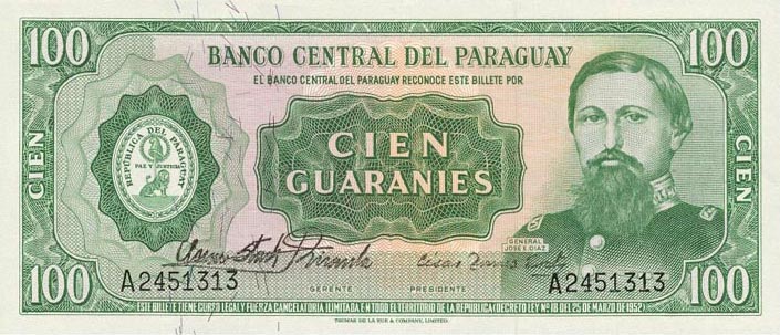 Front of Paraguay p198a: 100 Guarani from 1952