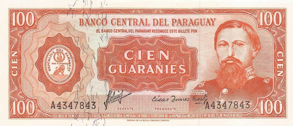 Front of Paraguay p199a: 100 Guarani from 1952