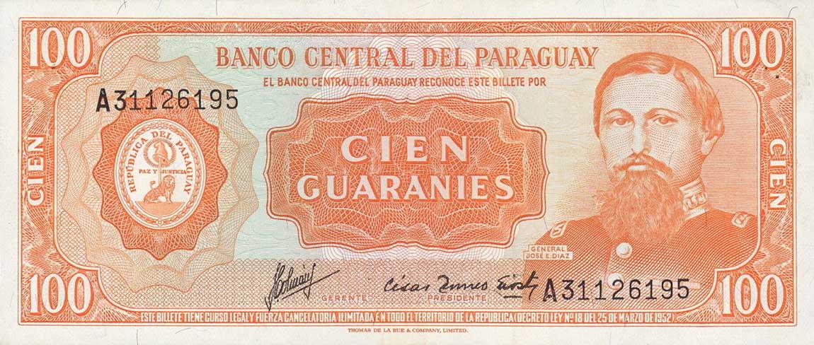 Front of Paraguay p199b: 100 Guarani from 1952