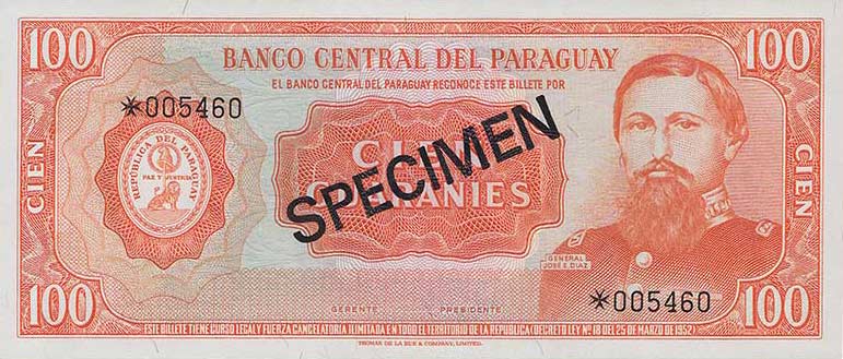 Front of Paraguay p199s: 100 Guarani from 1952