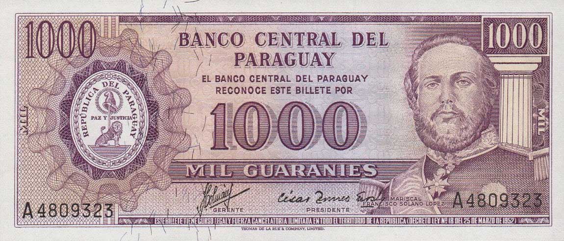 Front of Paraguay p201a: 1000 Guarani from 1952