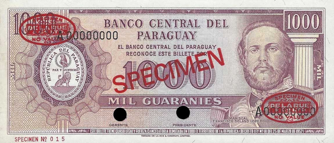 Front of Paraguay p201s: 1000 Guarani from 1952