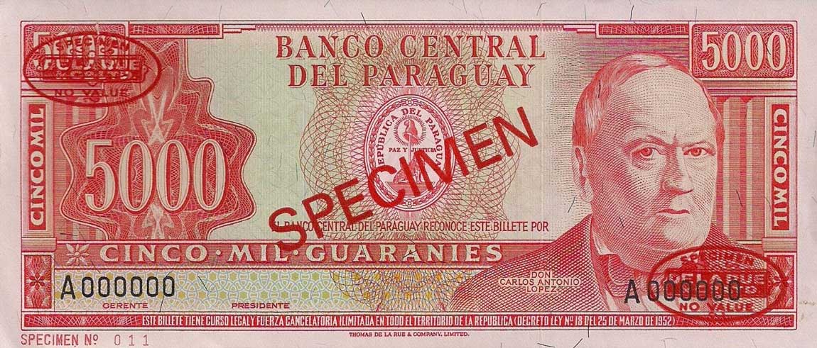 Front of Paraguay p202s1: 5000 Guarani from 1952