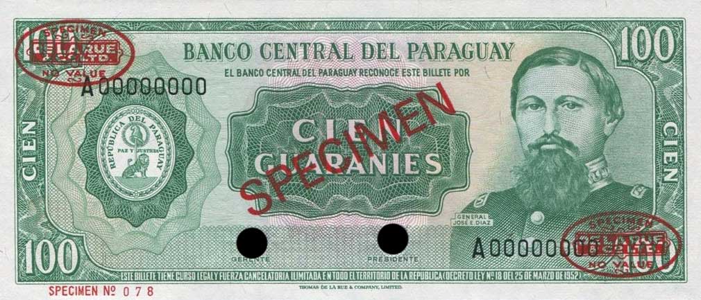 Front of Paraguay p205s: 100 Guarani from 1952