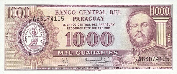 Front of Paraguay p207a: 1000 Guarani from 1952