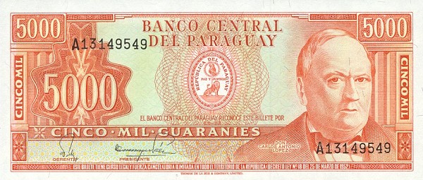 Front of Paraguay p208: 5000 Guarani from 1952