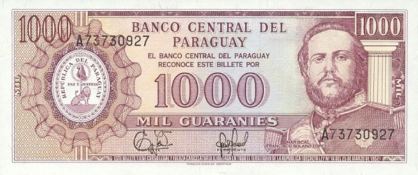 Front of Paraguay p213: 1000 Guarani from 1952