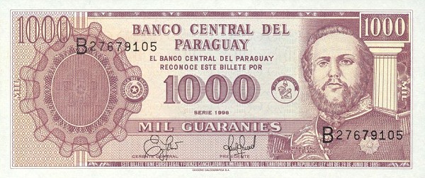 Front of Paraguay p214a: 1000 Guarani from 1998