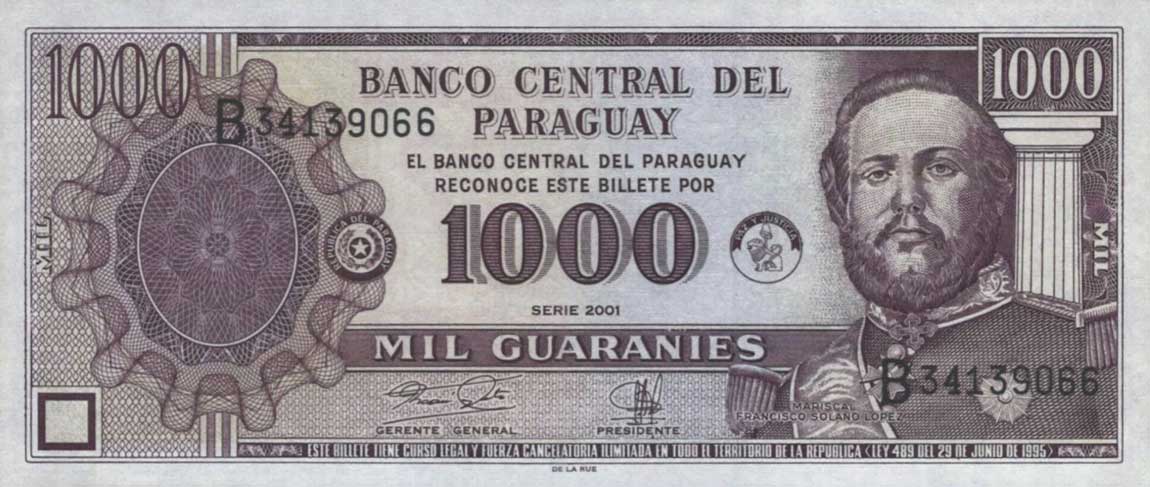 Front of Paraguay p214b: 1000 Guarani from 2001