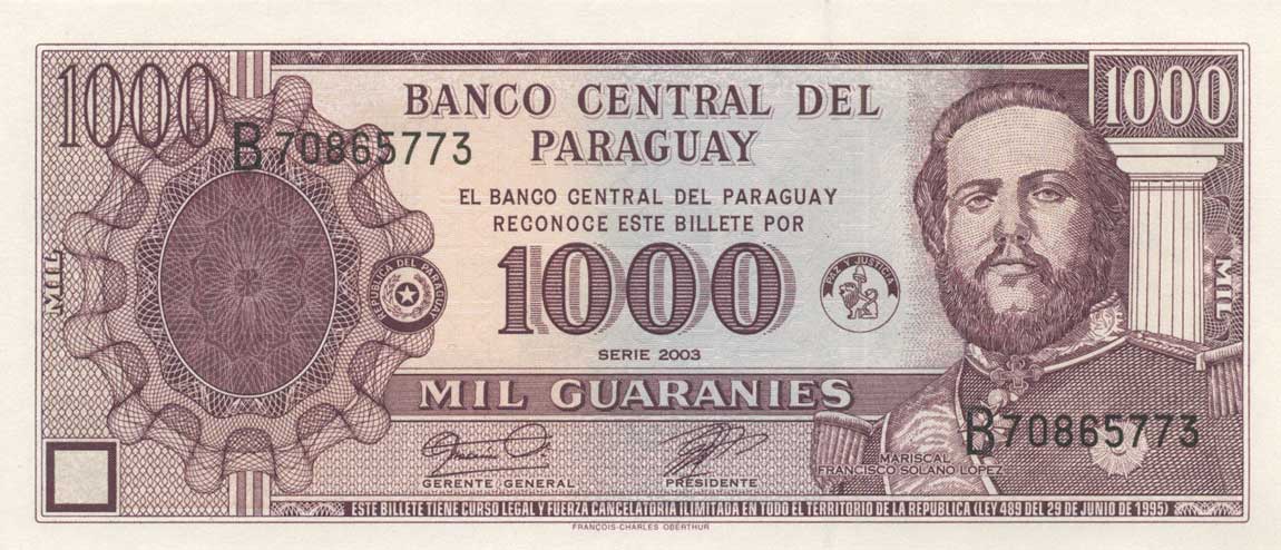 Front of Paraguay p214c: 1000 Guarani from 2003