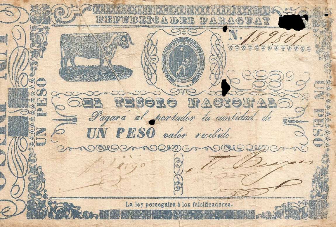 Front of Paraguay p21: 1 Peso from 1865