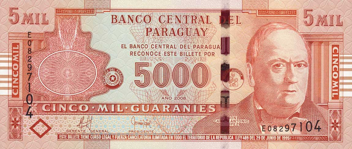 Front of Paraguay p223b: 5000 Guarani from 2008