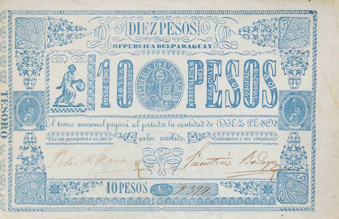 Front of Paraguay p26: 10 Pesos from 1865