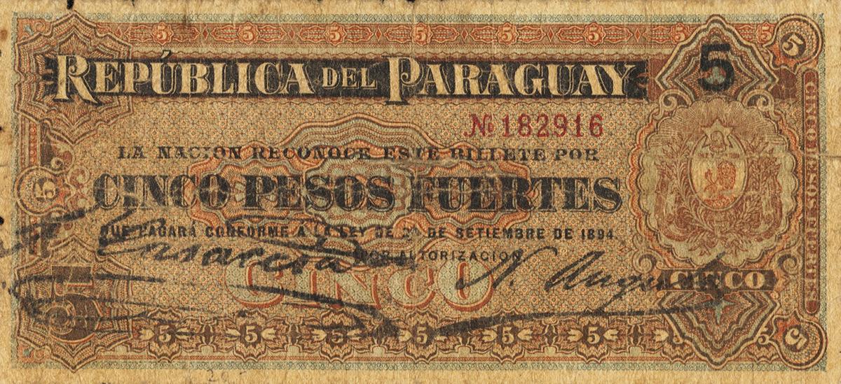 Front of Paraguay p89: 5 Pesos from 1894