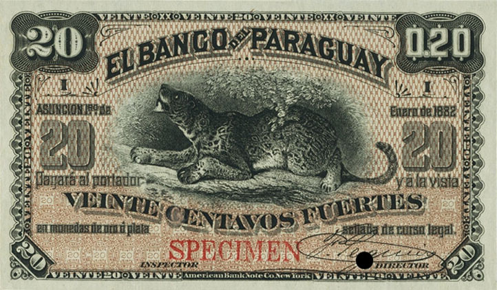 Front of Paraguay pS123s: 20 Centavos from 1882