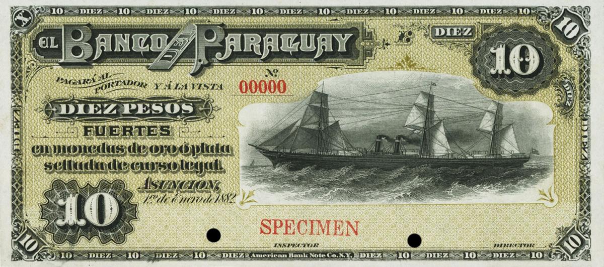 Front of Paraguay pS128s: 10 Pesos from 1882