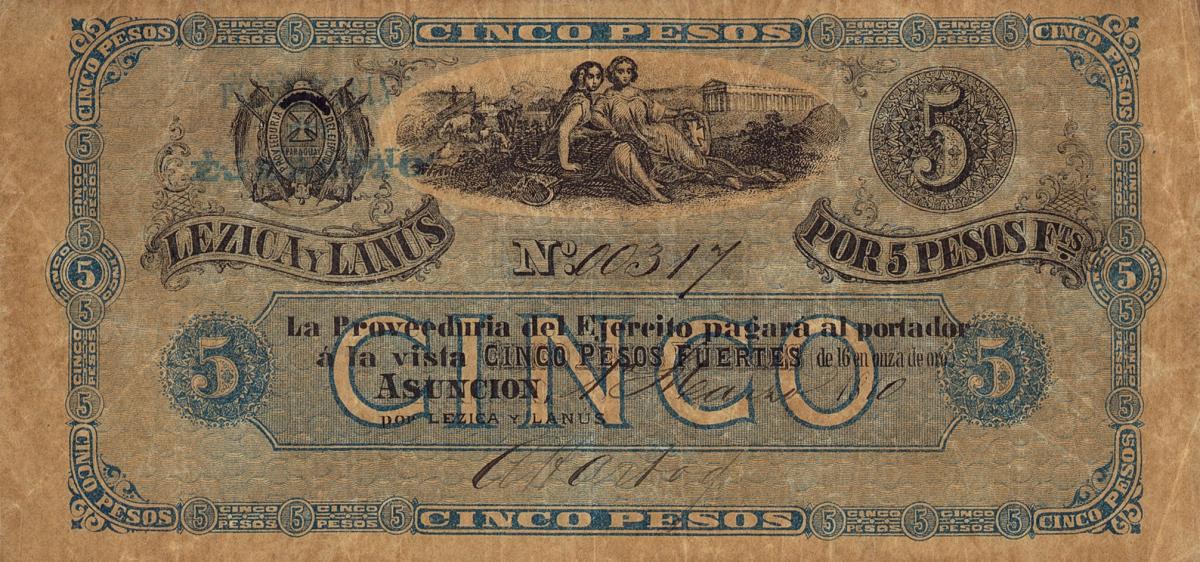 Front of Paraguay pS184: 5 Pesos from 1870