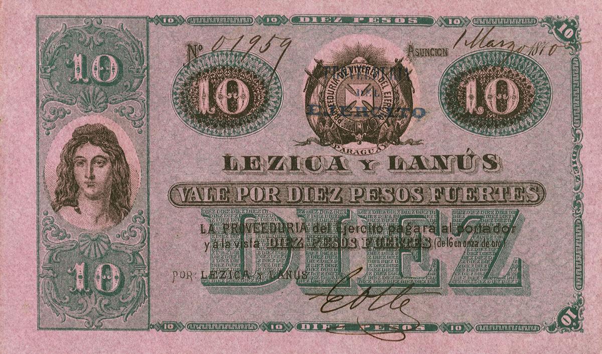 Front of Paraguay pS185: 10 Pesos from 1870