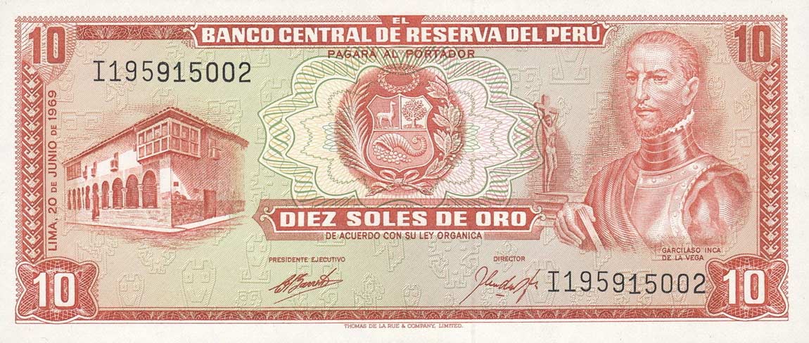 Front of Peru p100a: 10 Soles de Oro from 1969