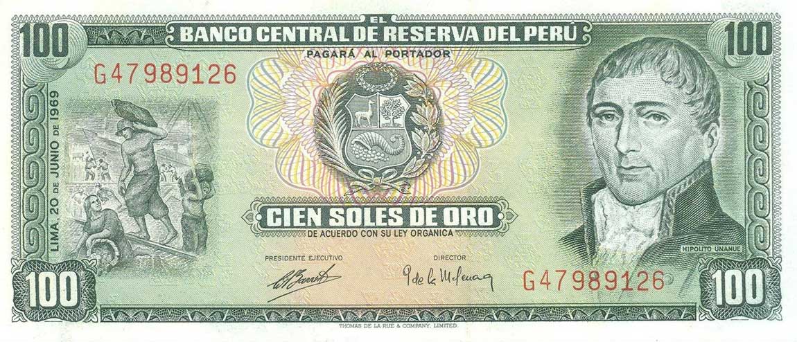 Front of Peru p102a: 100 Soles de Oro from 1969