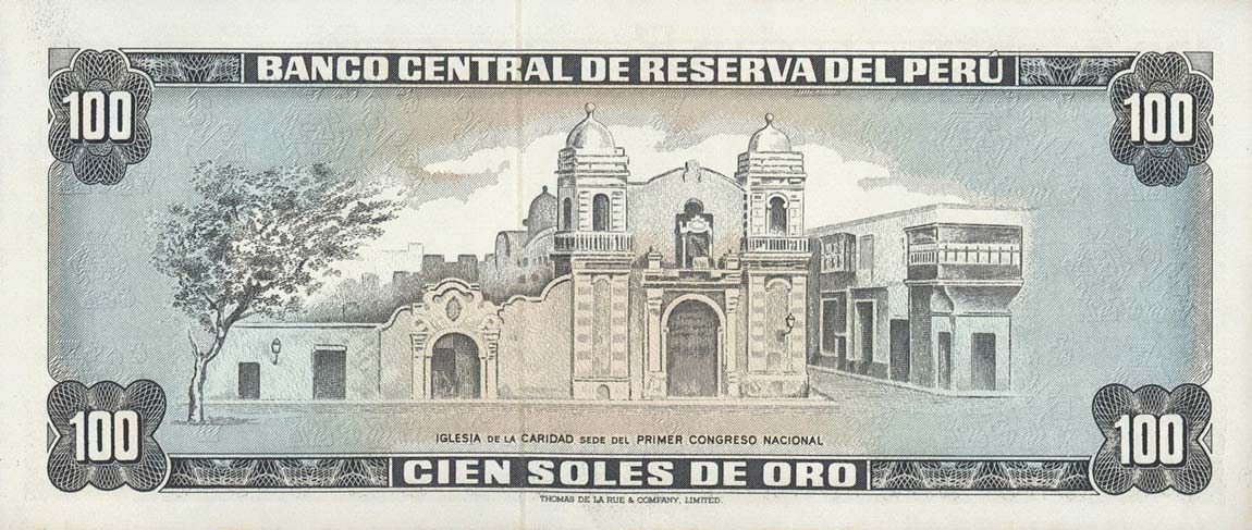 Back of Peru p102b: 100 Soles de Oro from 1970