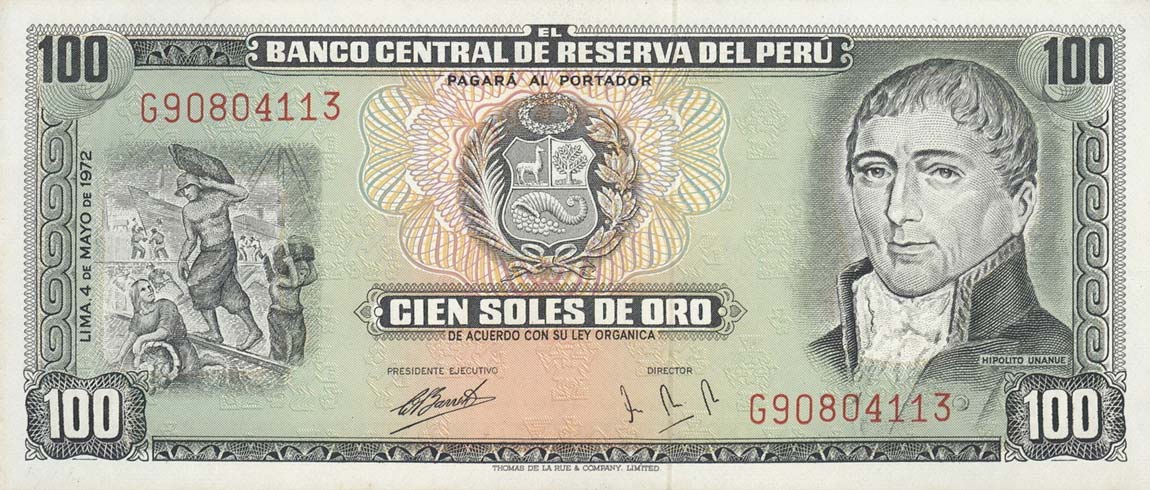 Front of Peru p102b: 100 Soles de Oro from 1970