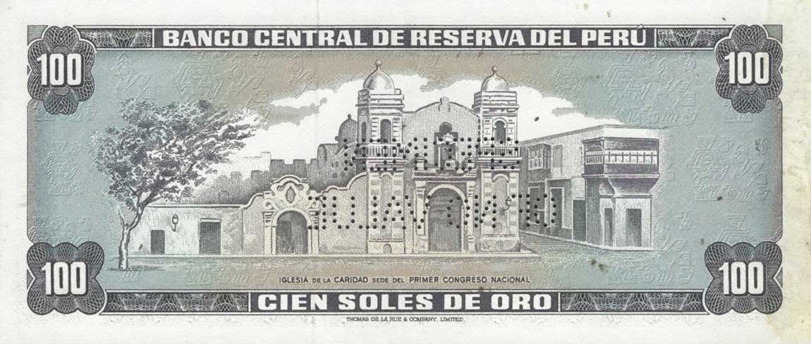 Back of Peru p102s: 100 Soles de Oro from 1969