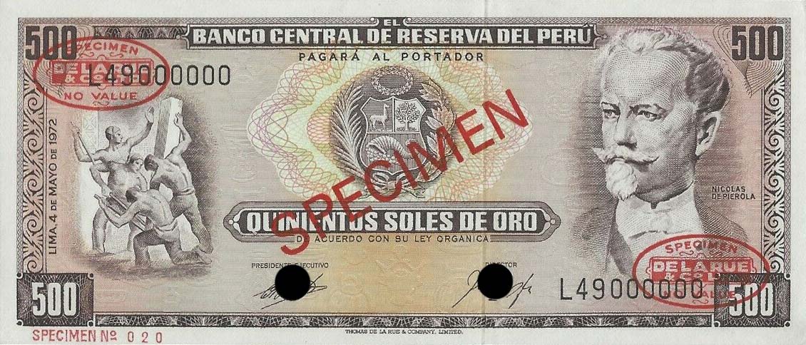 Front of Peru p104s: 500 Soles de Oro from 1969