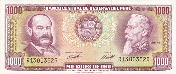 Front of Peru p105a: 1000 Soles de Oro from 1969