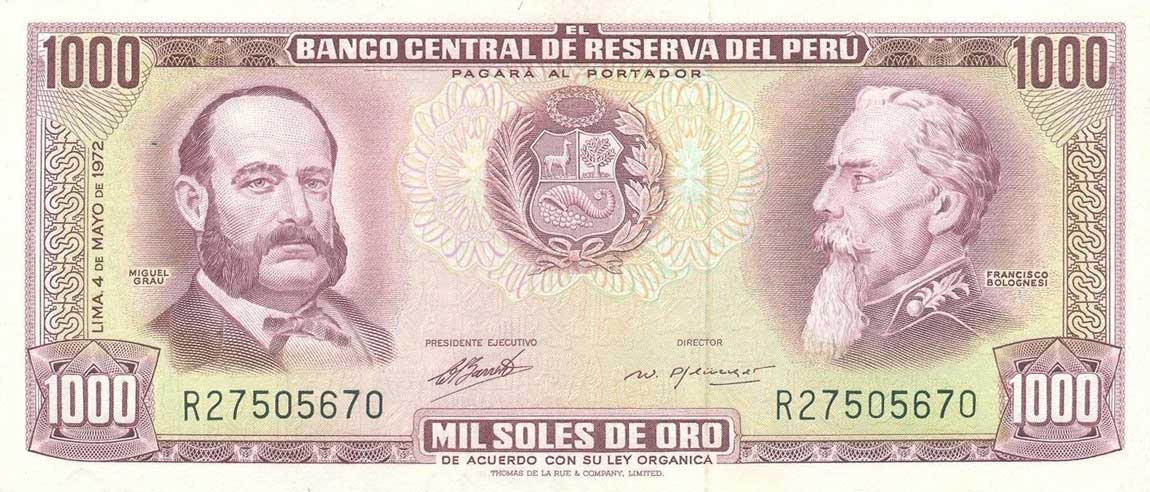 Front of Peru p105b: 1000 Soles de Oro from 1971