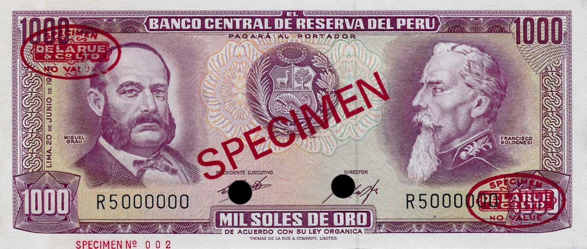 Front of Peru p105s: 1000 Soles de Oro from 1969