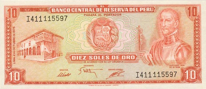 Front of Peru p106: 10 Soles de Oro from 1975