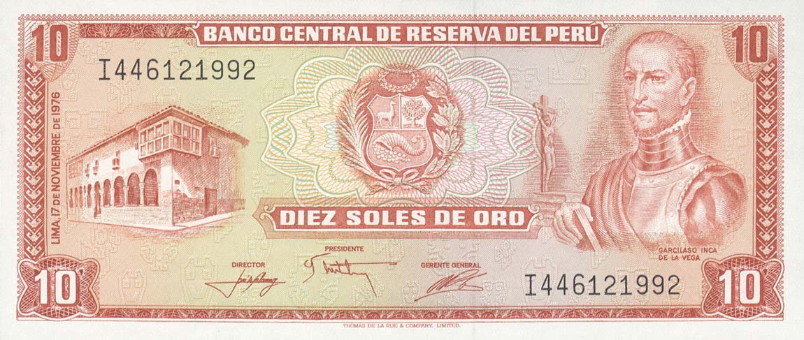 Front of Peru p112a: 10 Soles de Oro from 1976