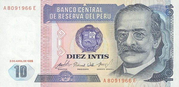 Front of Peru p128a: 10 Intis from 1985